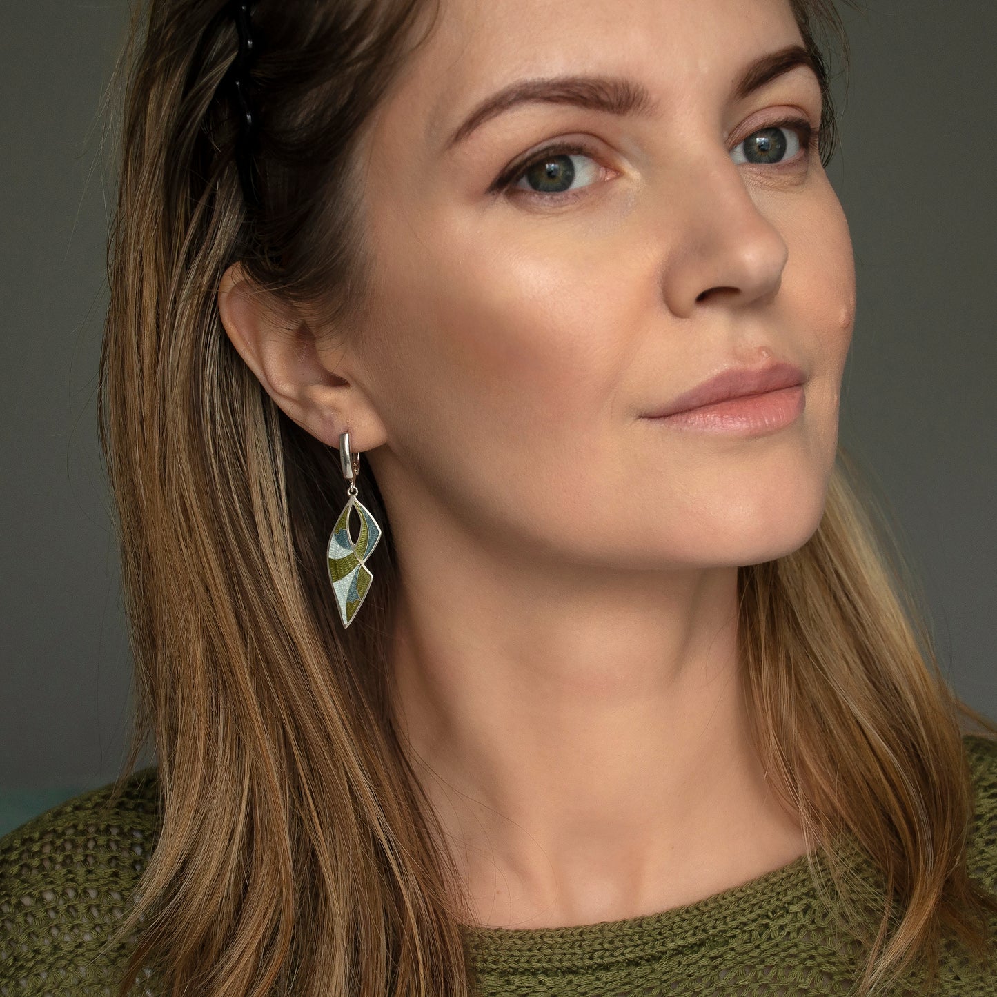 Khaki Long Drop Cloisonné Enamel Earrings