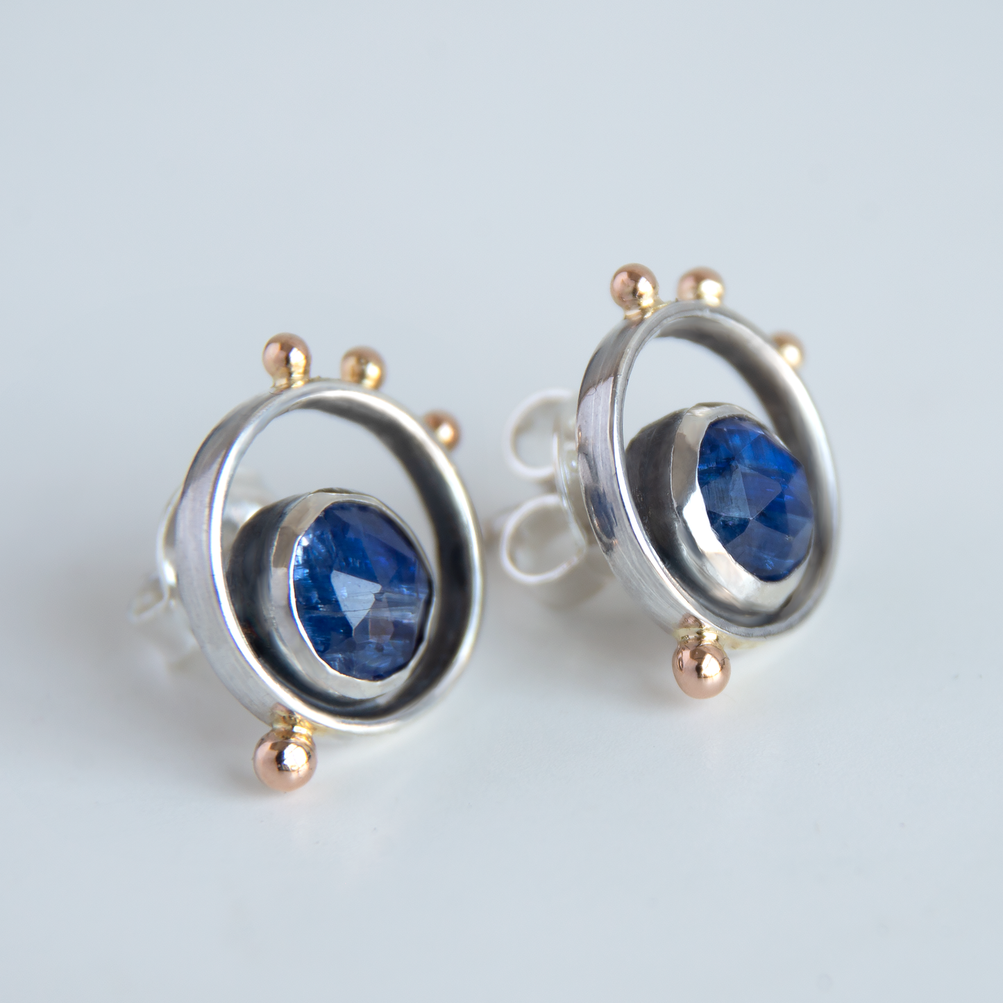 Minimalistic Silver Earrings with 14K Gold beads and Blue Kyanite stones