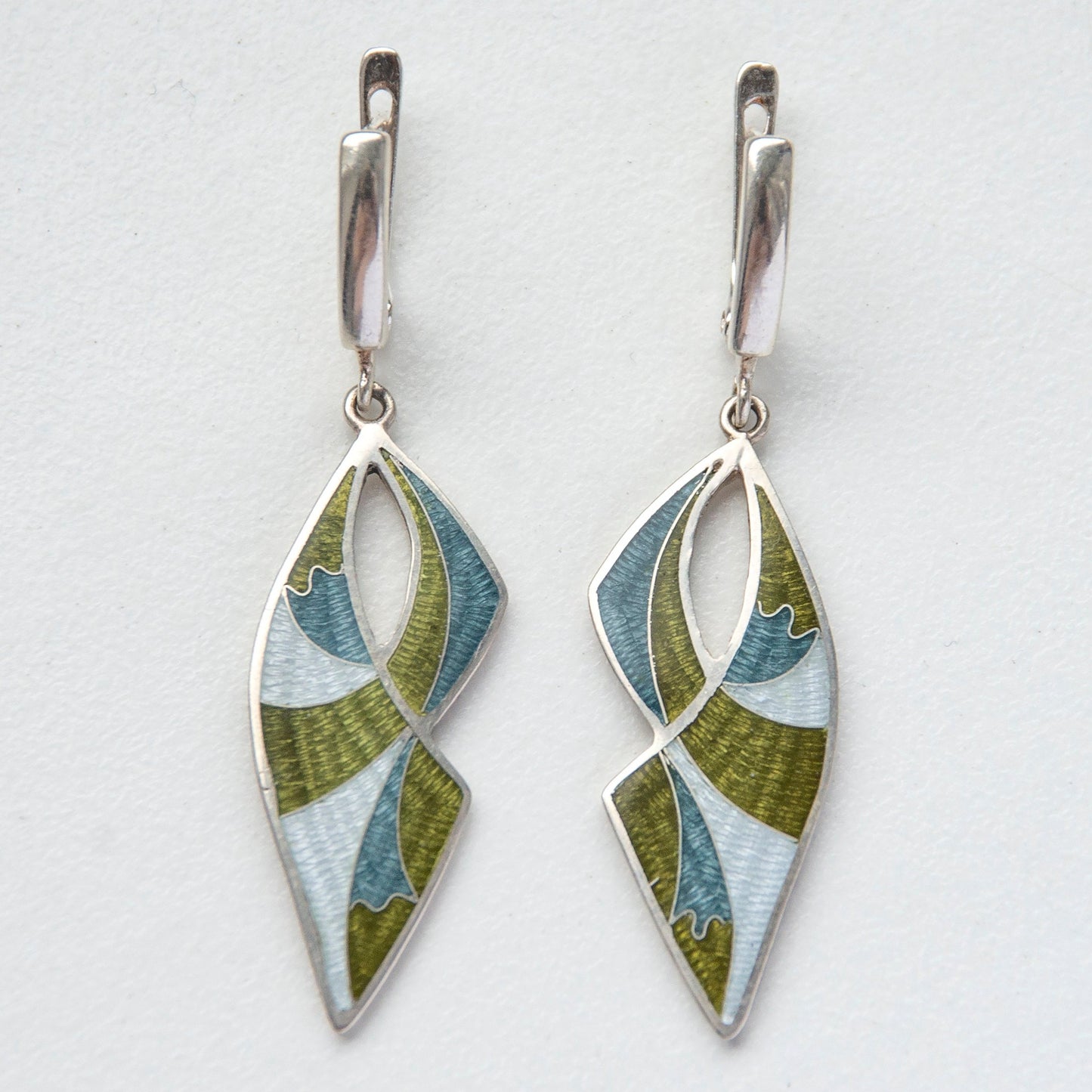 Khaki Long Drop Cloisonné Enamel Earrings