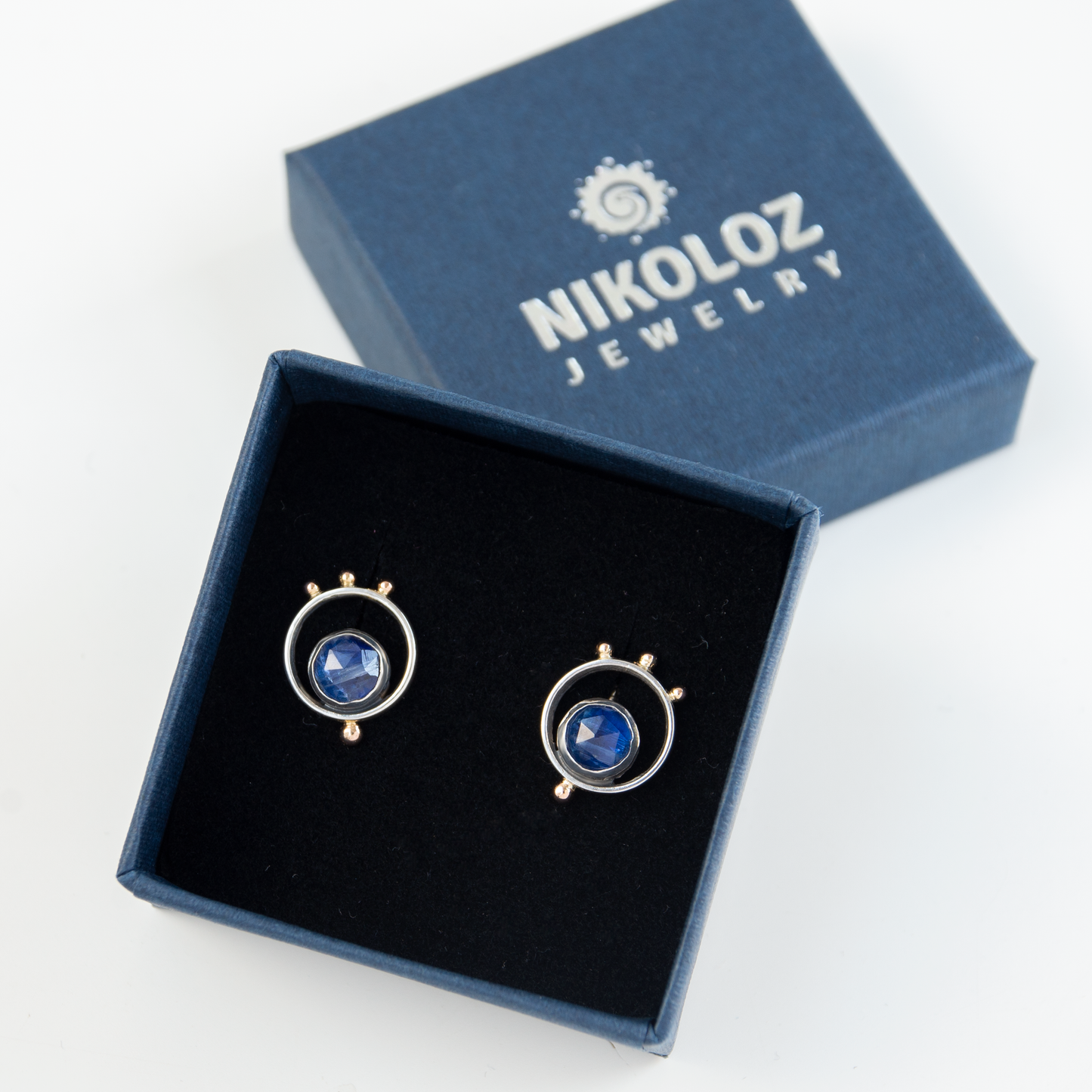 Minimalisti Silver Studs with 14K Gold beads and Blue Kyanite stones