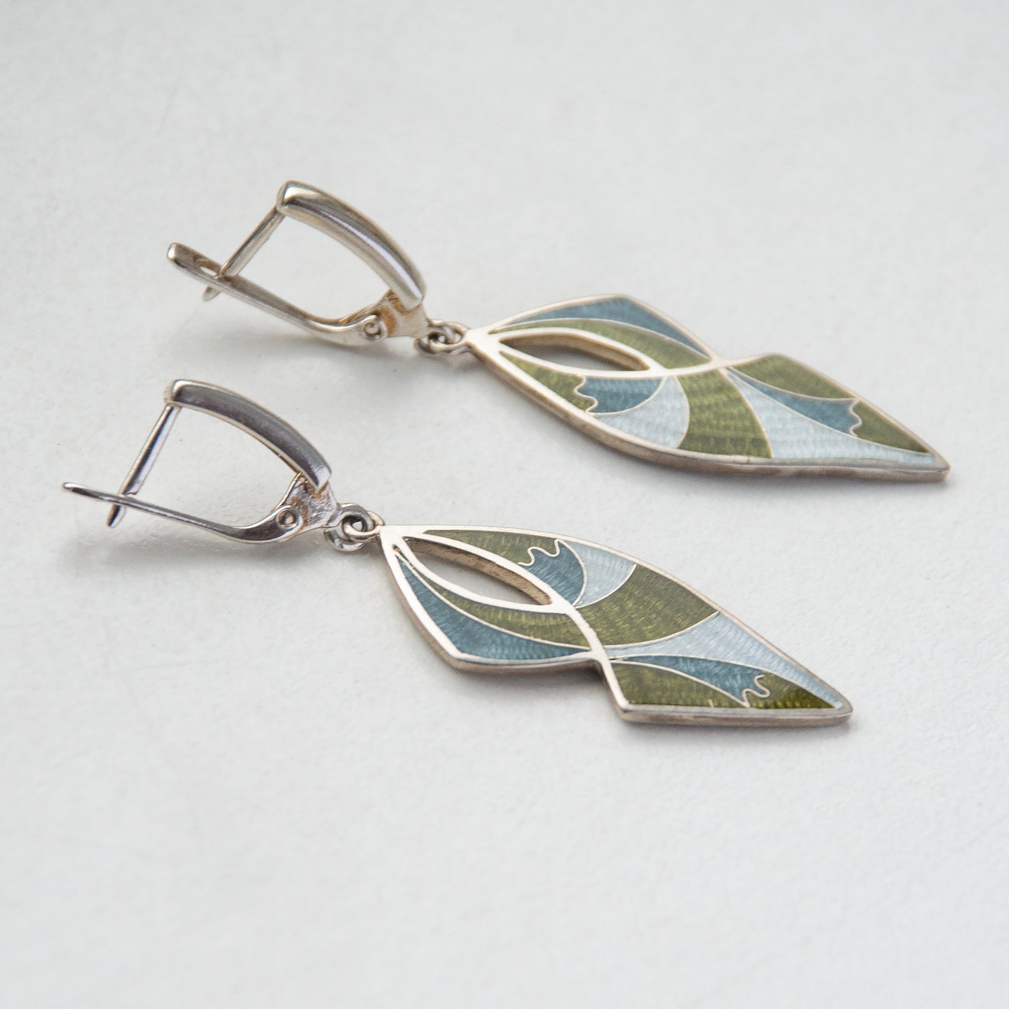 Khaki Long Drop Cloisonné Enamel Earrings
