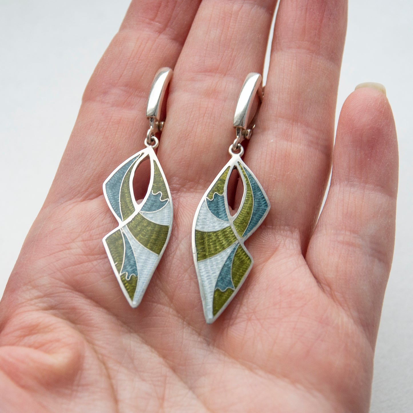 Khaki Long Drop Cloisonné Enamel Earrings