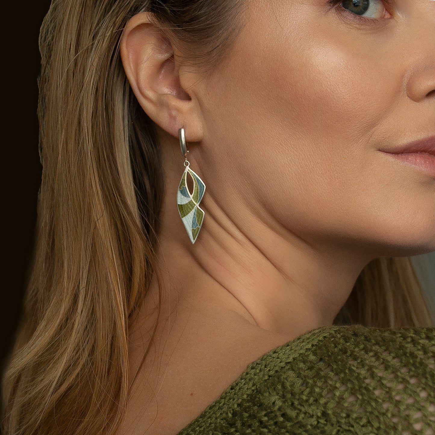 Khaki Long Drop Cloisonné Enamel Earrings
