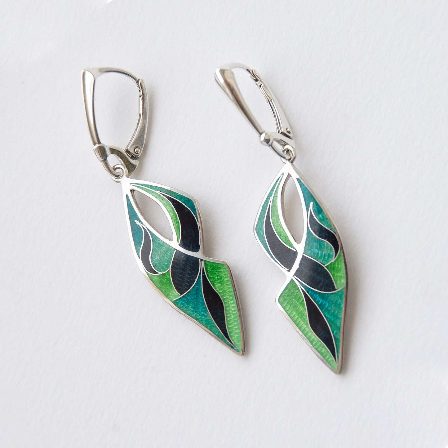Long Drop Cloisonné Enamel, Silver Earrings