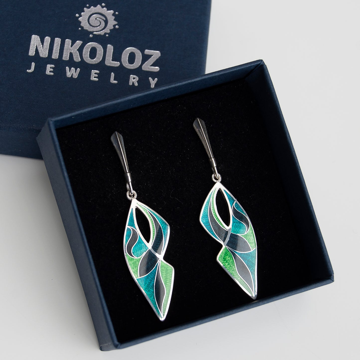 Long Drop Cloisonné Enamel, Silver Earrings