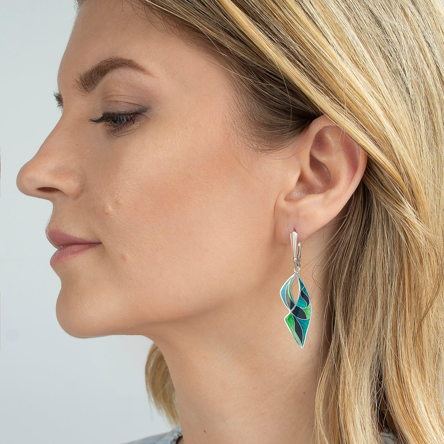 Long Drop Cloisonné Enamel, Silver Earrings