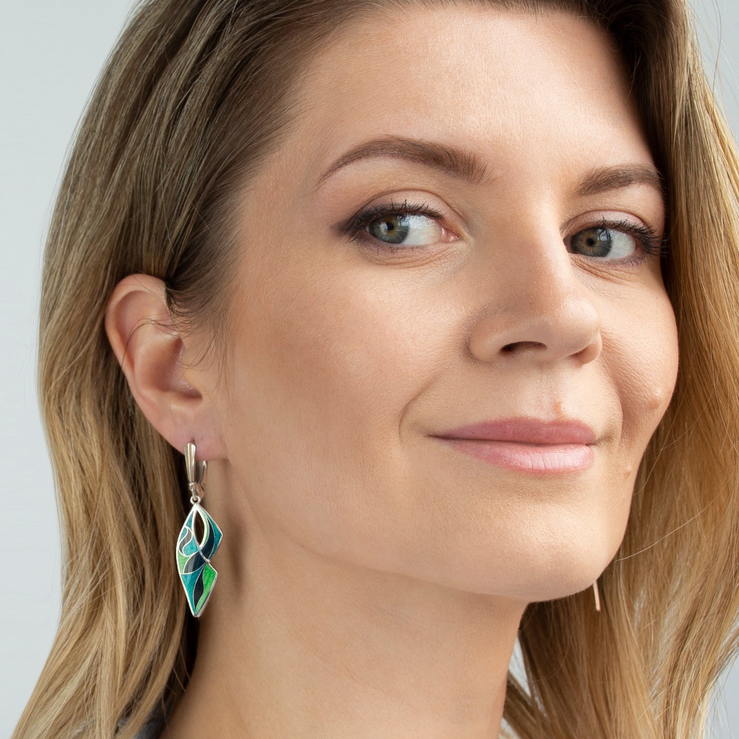 Long Drop Cloisonné Enamel, Silver Earrings