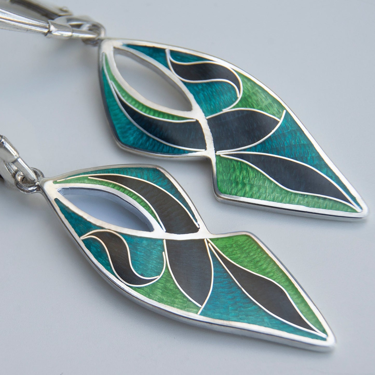 Long Drop Cloisonné Enamel, Silver Earrings