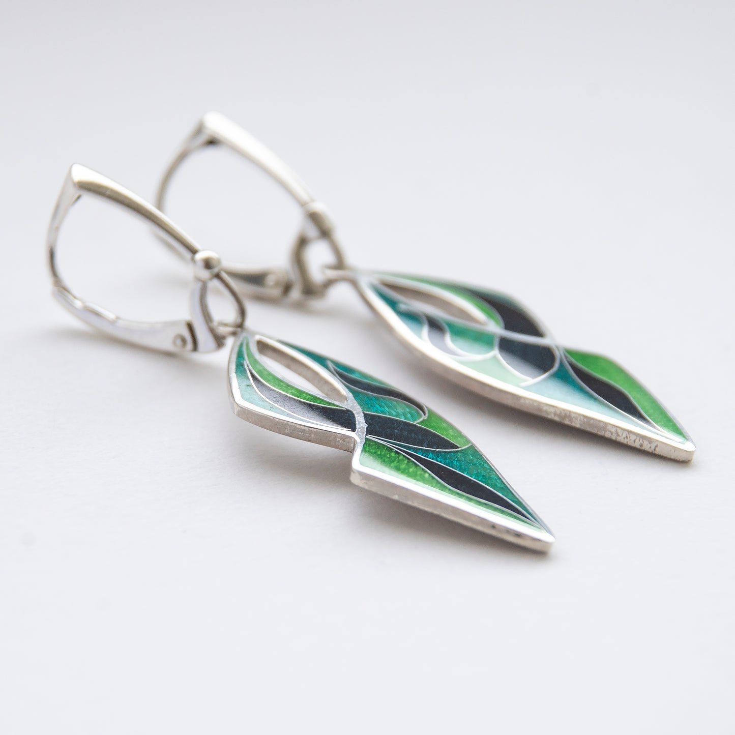 Long Drop Cloisonné Enamel, Silver Earrings