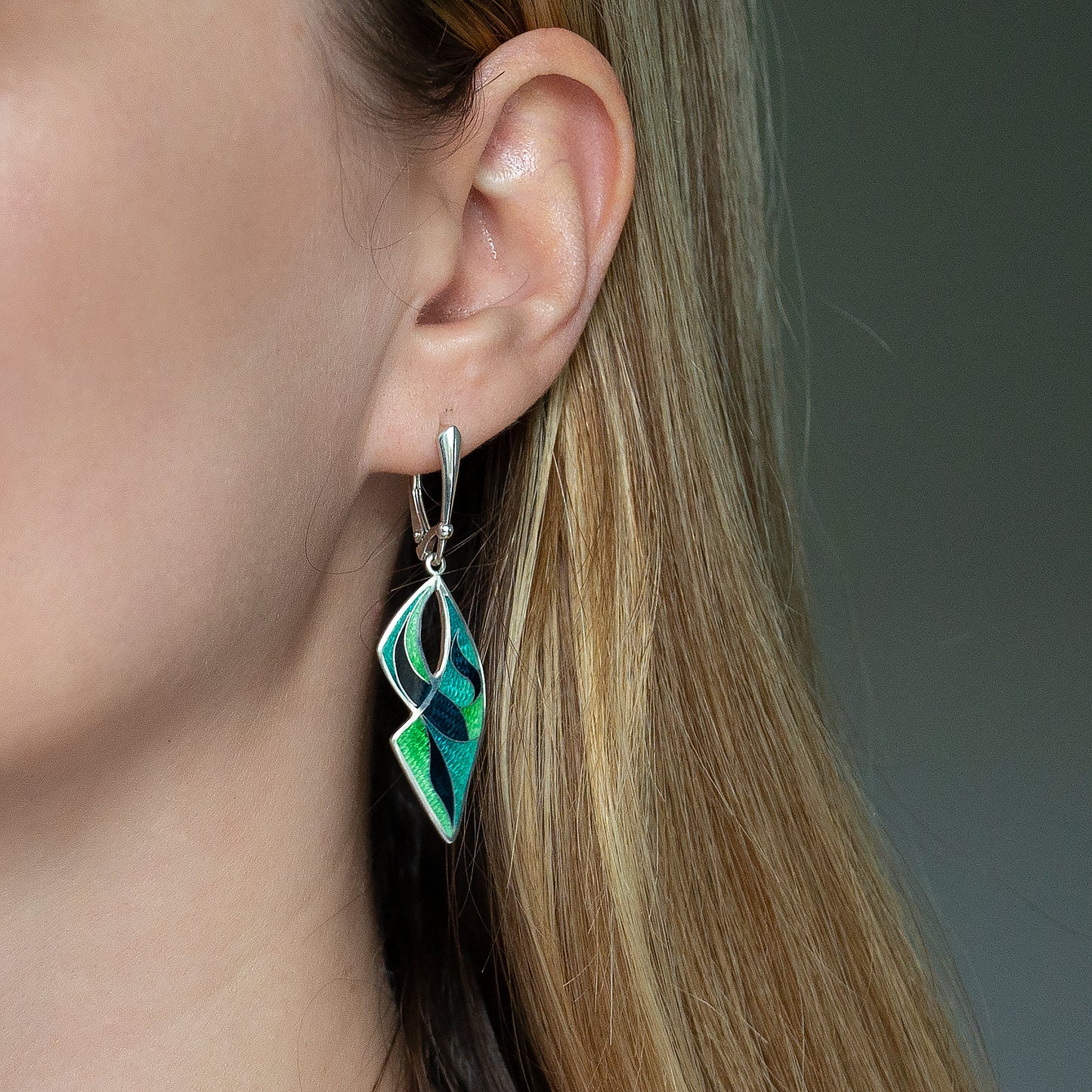 Long Drop Cloisonné Enamel, Silver Earrings