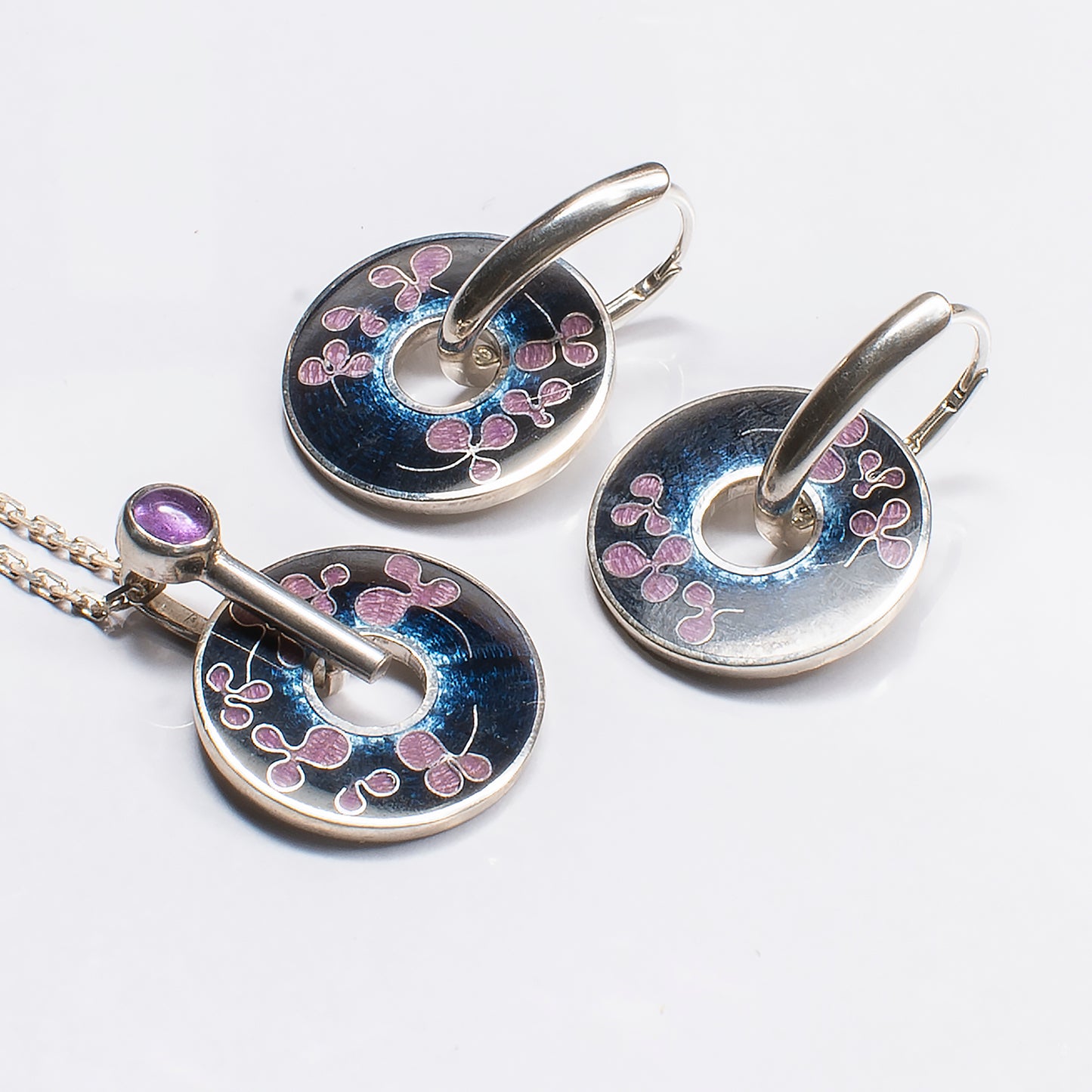 Cloisonné Enamel, Amethyst, Jewelry Set-Pendant and Earrings "Sakura at Night"