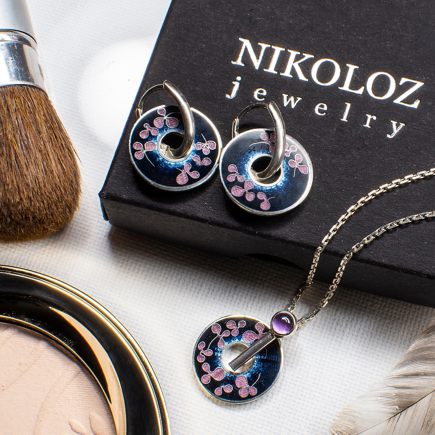 Cloisonné Enamel, Amethyst, Jewelry Set-Pendant and Earrings "Sakura at Night"