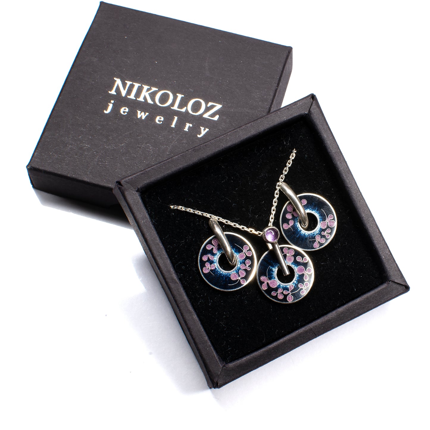 Cloisonné Enamel, Amethyst, Jewelry Set-Pendant and Earrings "Sakura at Night"