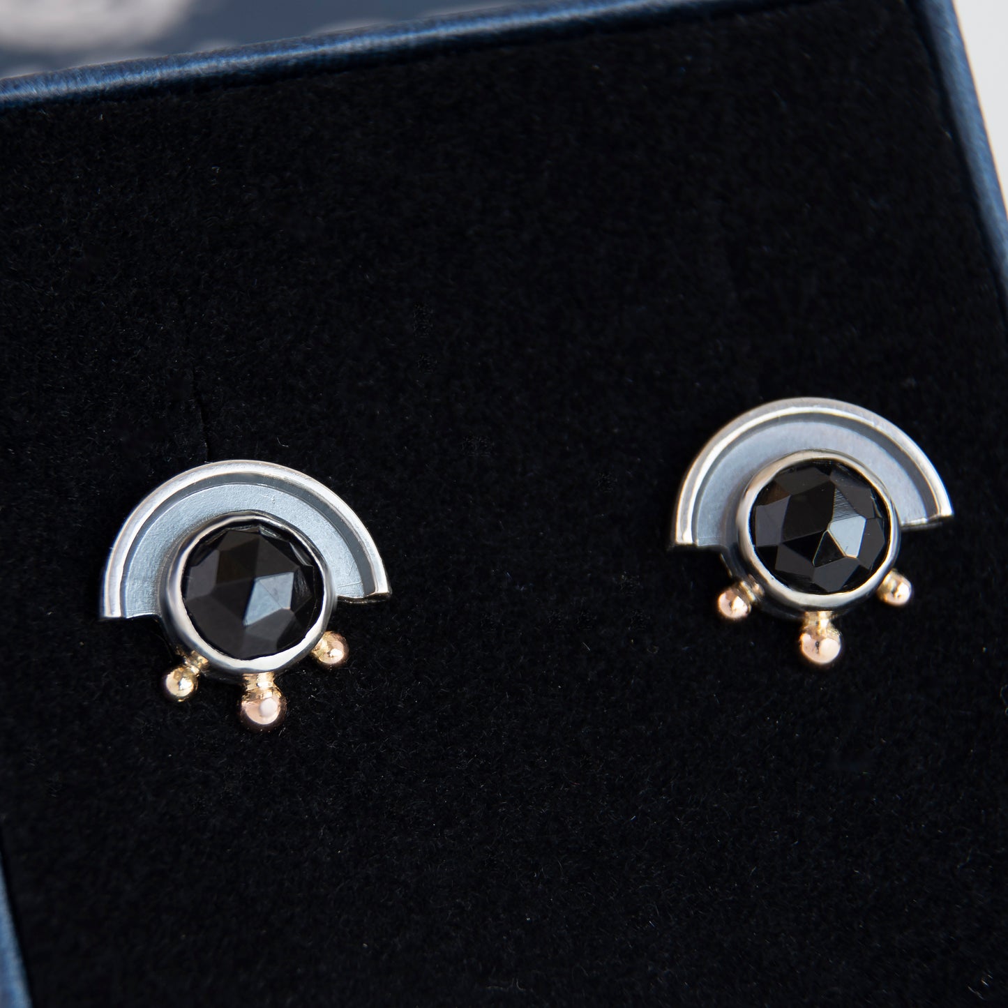 Semicircle Earrings With Gold Beads And Black Onyx