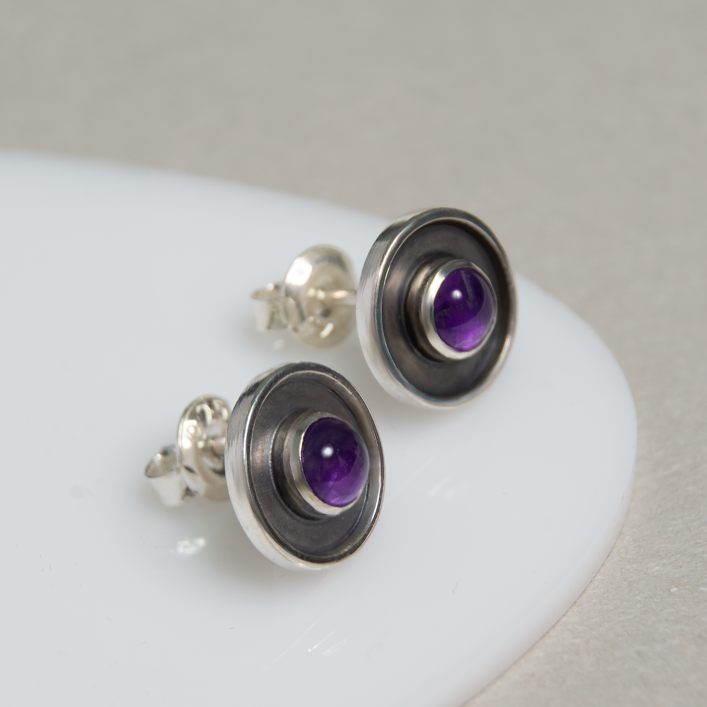 Round Circle Minimalist, Oxidized Silver Earrings With Amethyst Stone