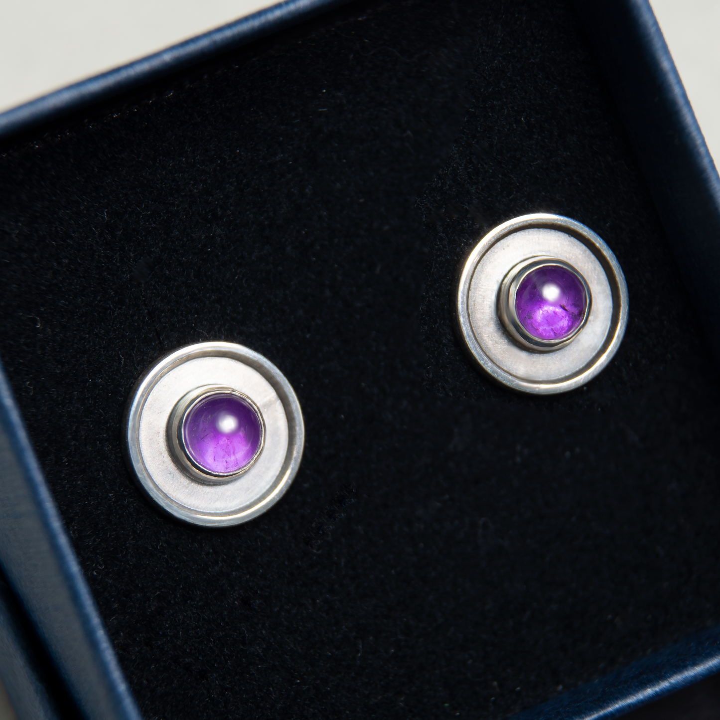 Round Circle Minimalist, Oxidized Silver Earrings With Amethyst Stone