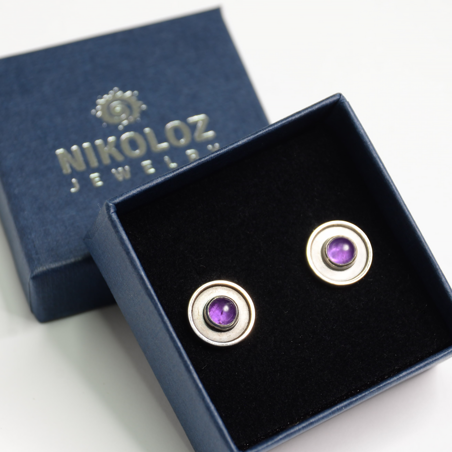 Round Circle Minimalist, Oxidized Silver Earrings With Amethyst Stone