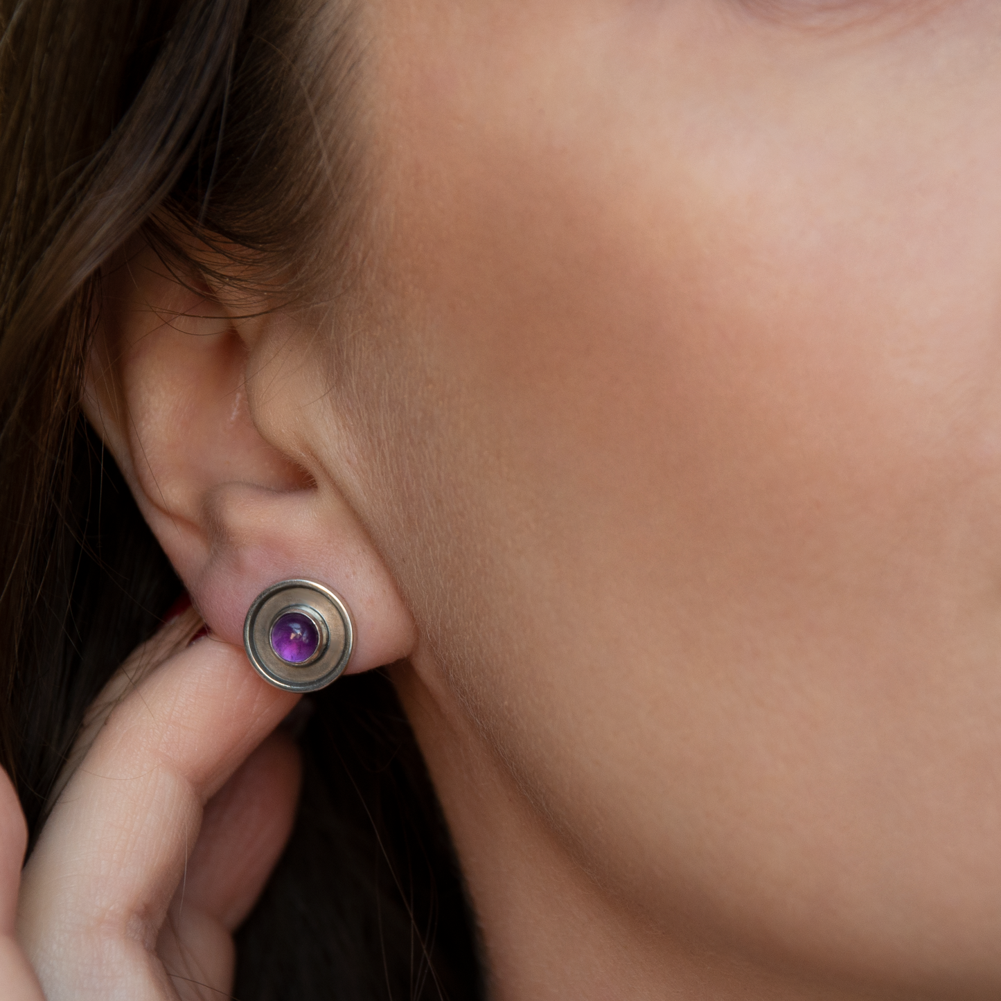 Round Circle Minimalist, Oxidized Silver Earrings With Amethyst Stone