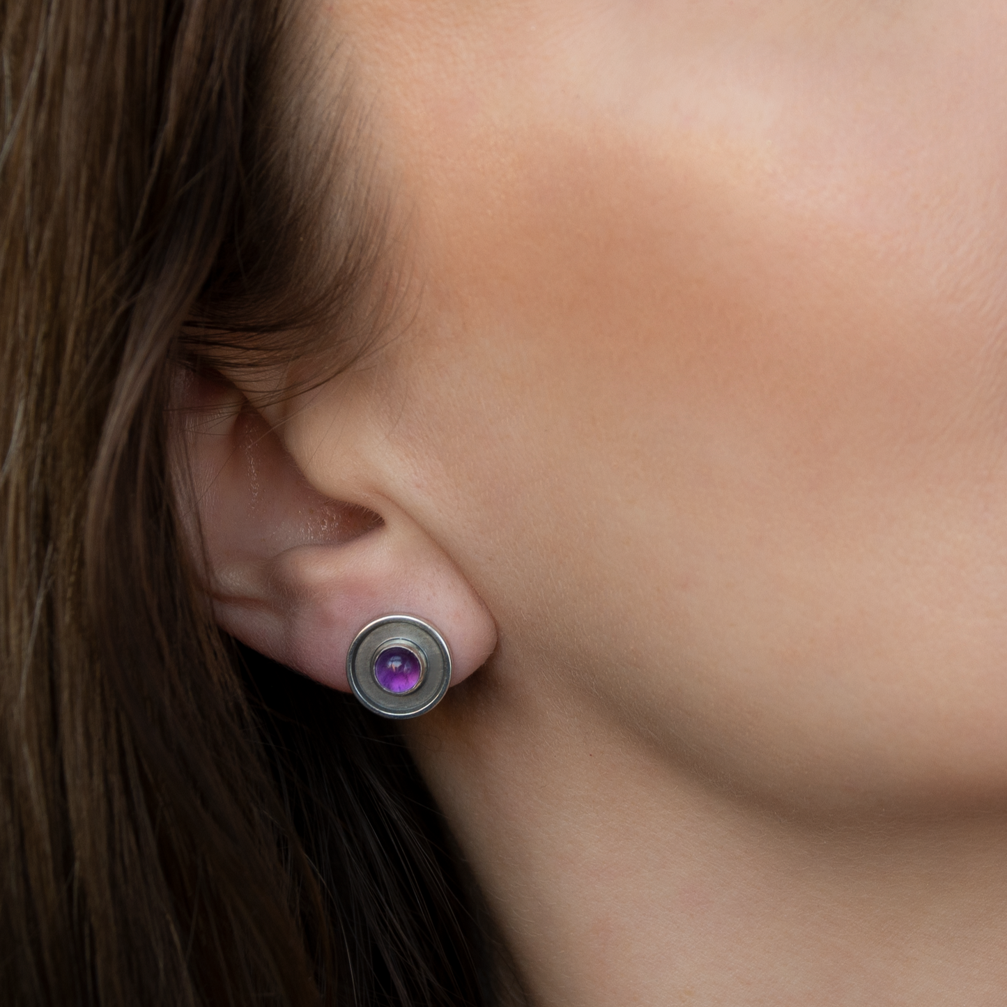 Round Circle Minimalist, Oxidized Silver Earrings With Amethyst Stone