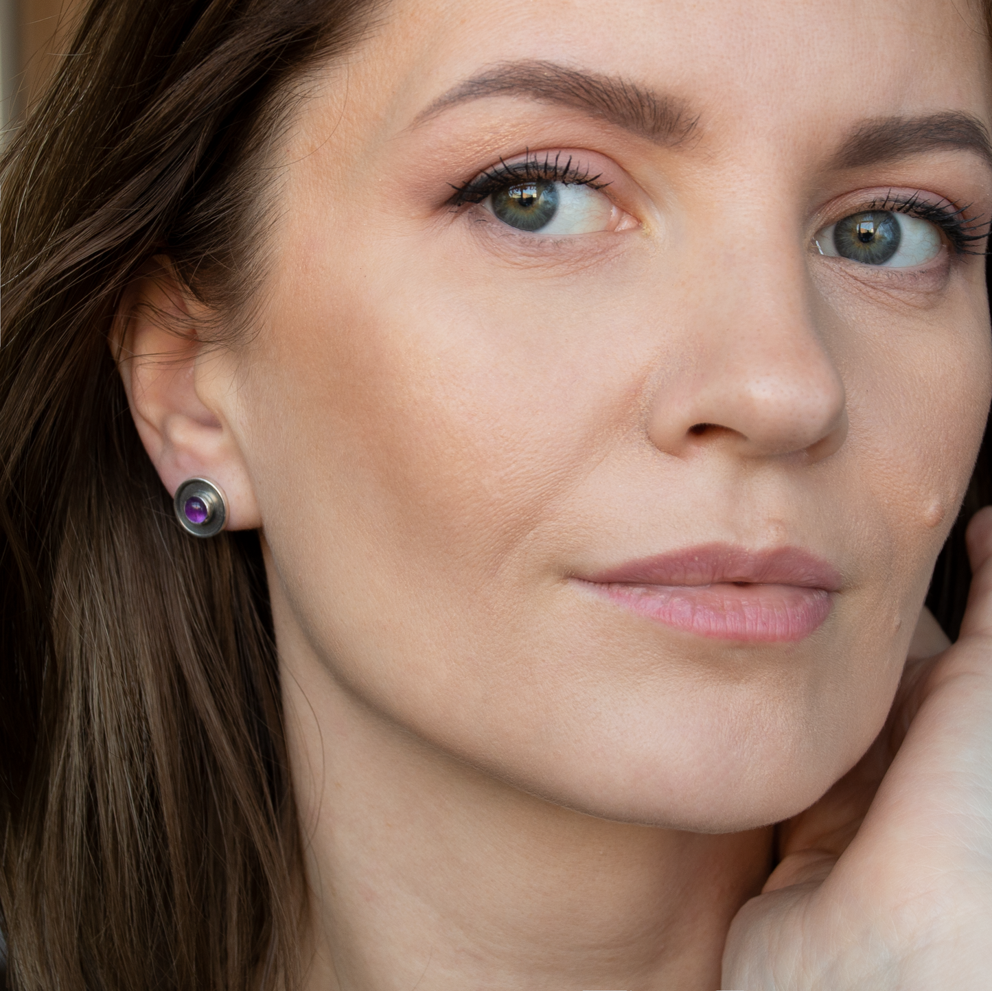 Round Circle Minimalist, Oxidized Silver Earrings With Amethyst Stone