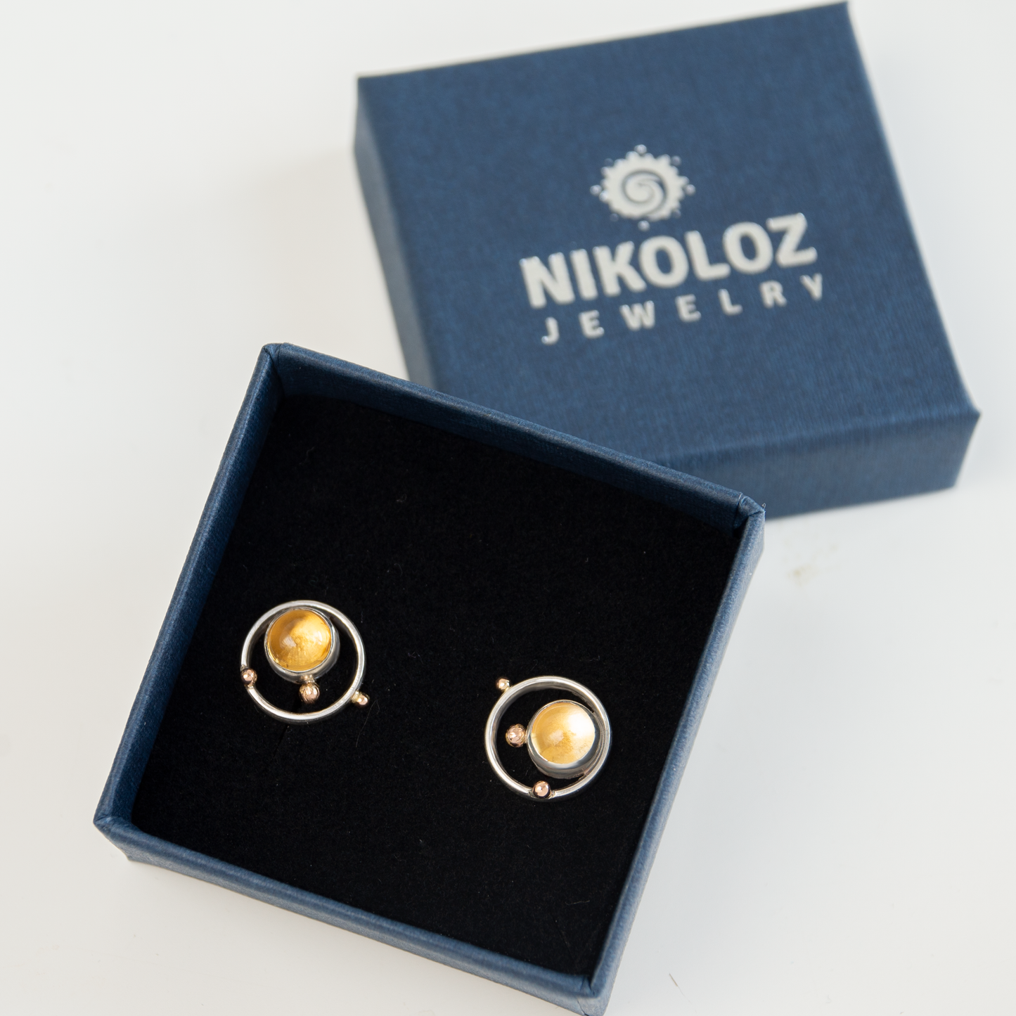 Round Frame Earrings With Gold Beads And Citrine Stones