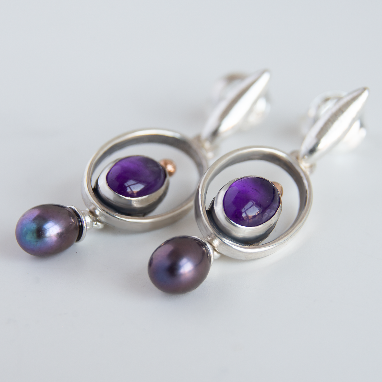 Drop Oval Frame Earrings With Amethyst and Peacock Pearls