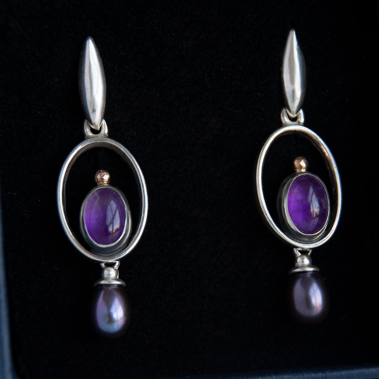 Drop Oval Frame Earrings With Amethyst and Peacock Pearls