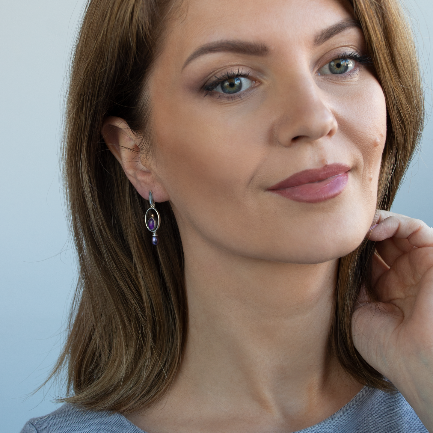 Drop Oval Frame Earrings With Amethyst and Peacock Pearls