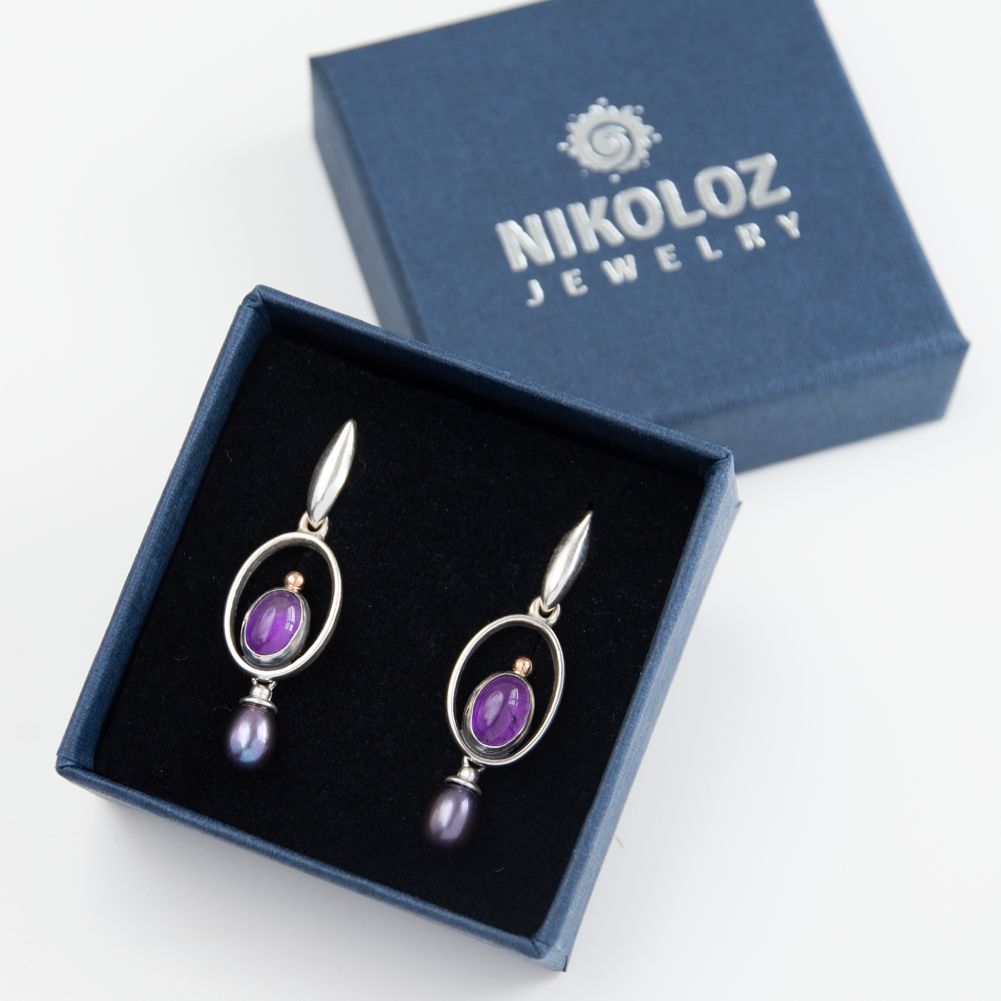 Drop Oval Frame Earrings With Amethyst and Peacock Pearls