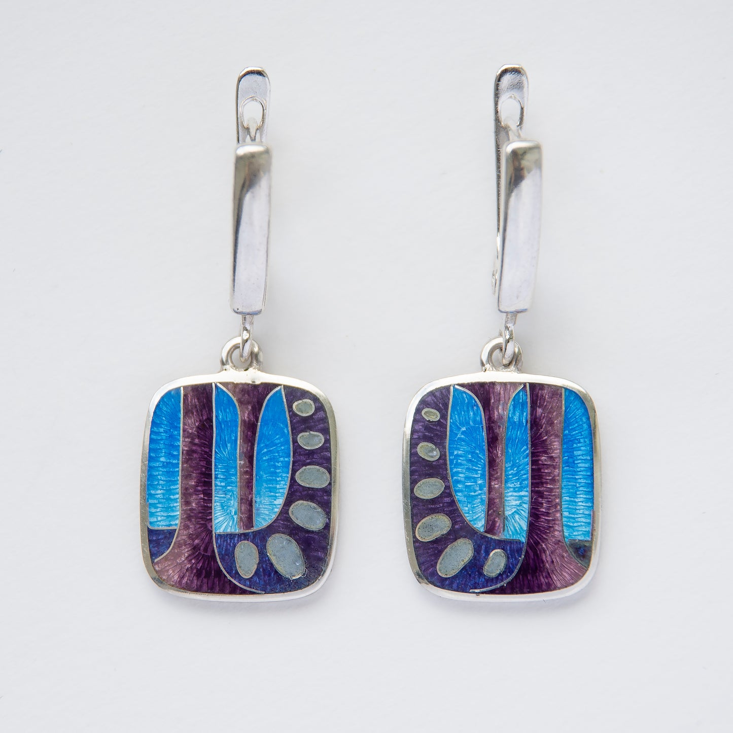 Abstract Blue-Violet Cloisonné Enamel and Sterling Silver Earrings