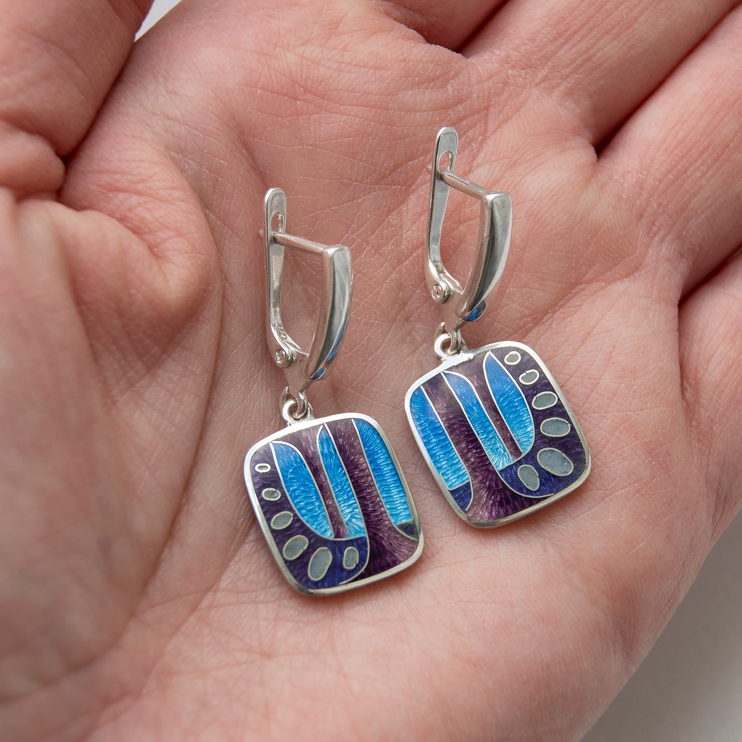 Abstract Blue-Violet Cloisonné Enamel and Sterling Silver Earrings