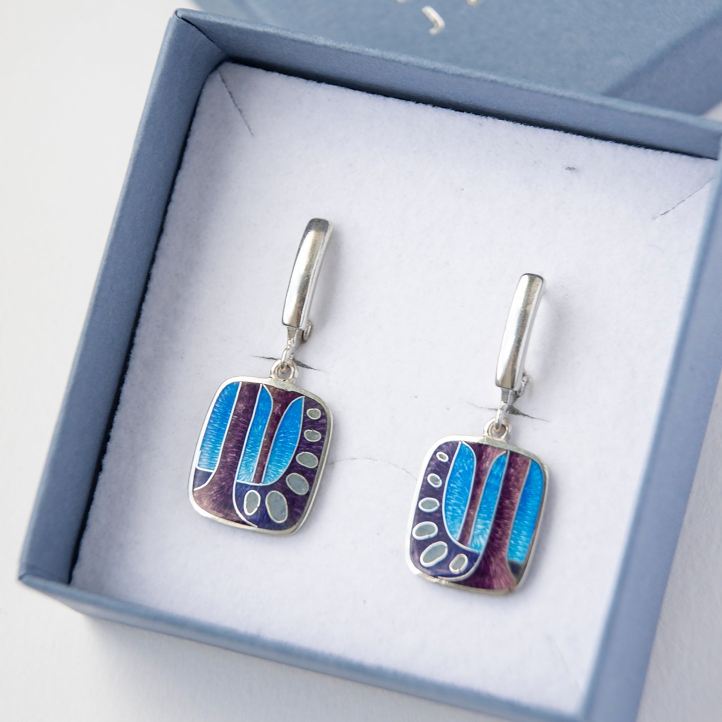 Abstract Blue-Violet Cloisonné Enamel and Sterling Silver Earrings