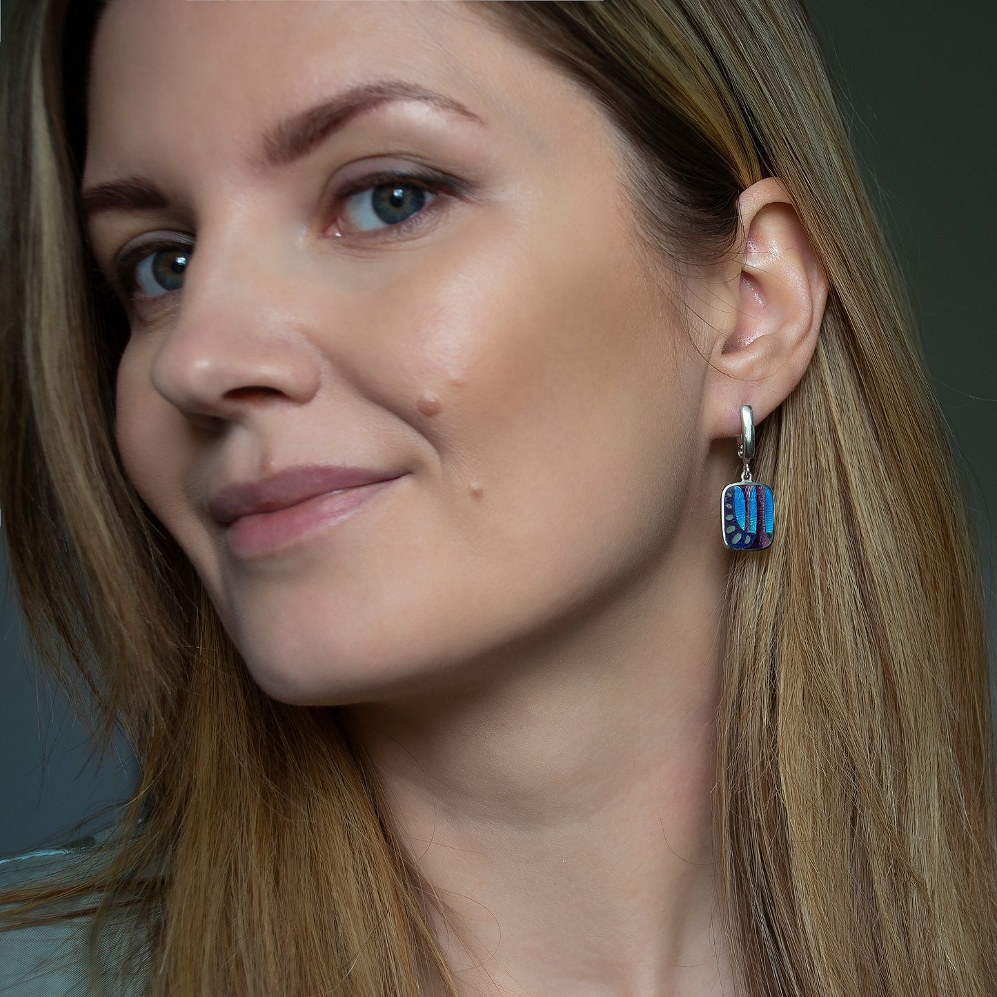 Abstract Blue-Violet Cloisonné Enamel and Sterling Silver Earrings