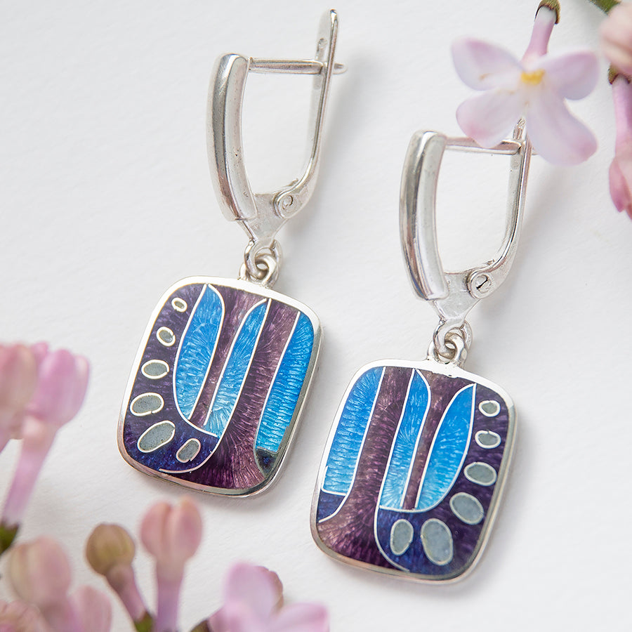 Abstract Blue-Violet Cloisonné Enamel and Sterling Silver Earrings