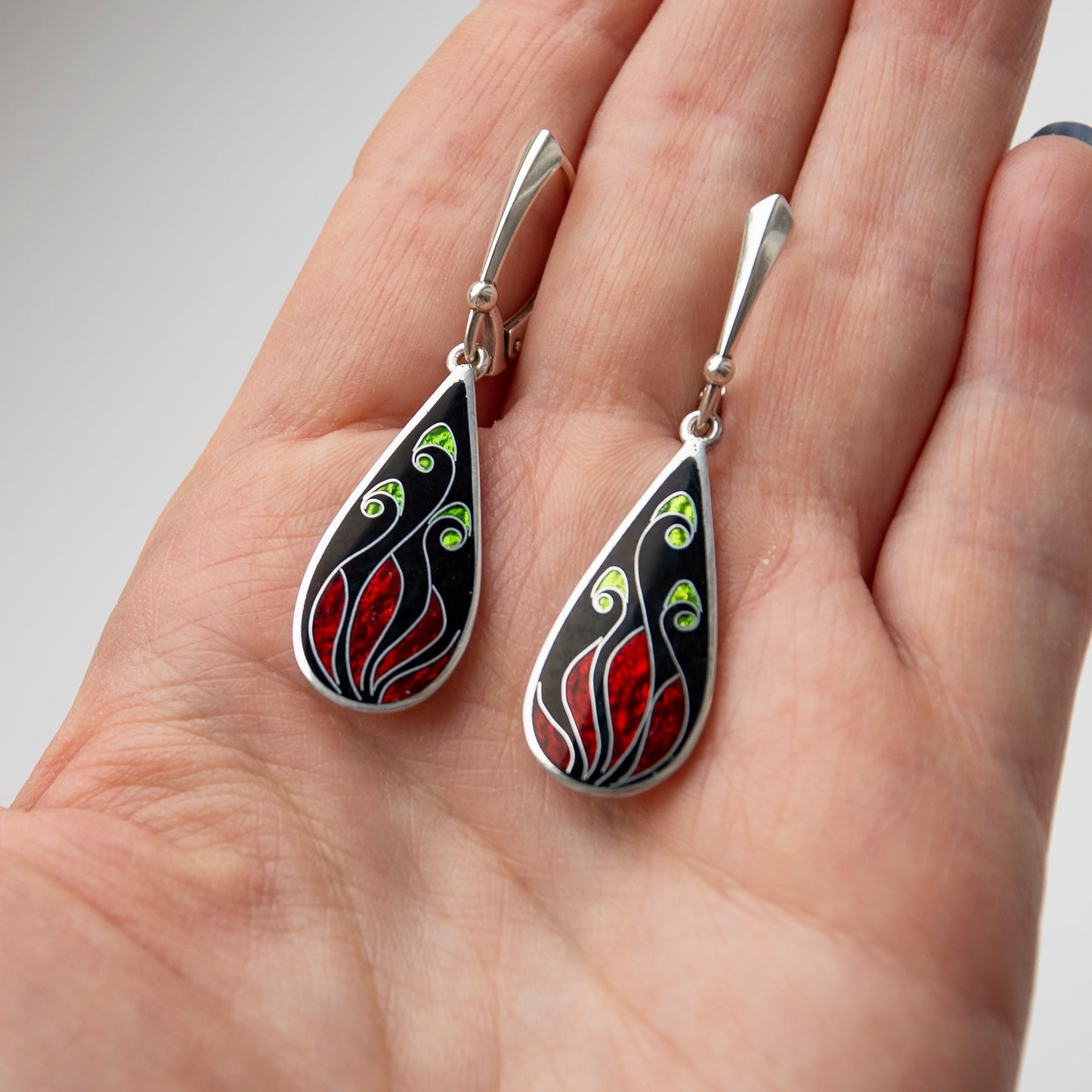 Cloisonné Enamel Black & Red Drop Earrings "Fire Flowers"