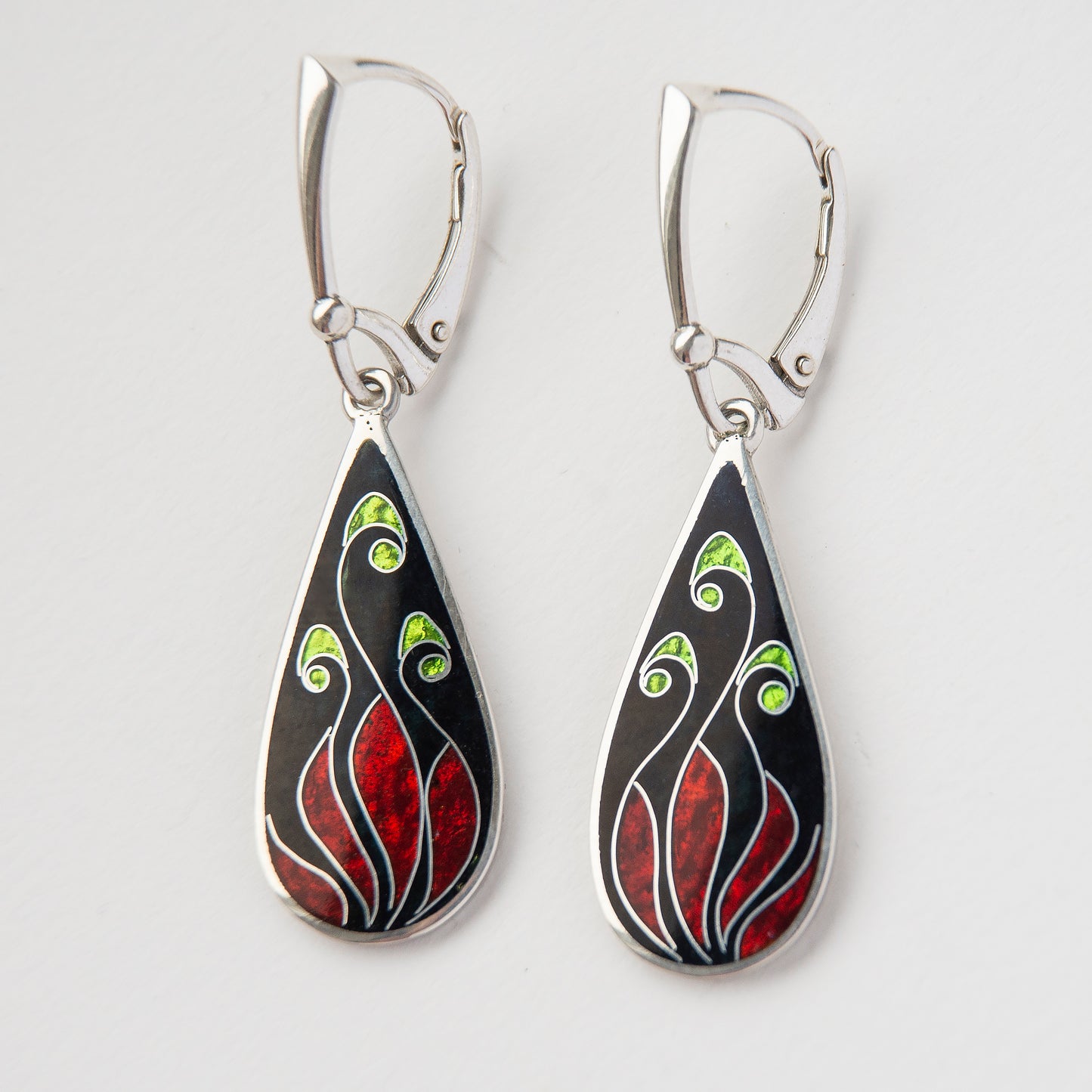 Cloisonné Enamel Black & Red Drop Earrings "Fire Flowers"
