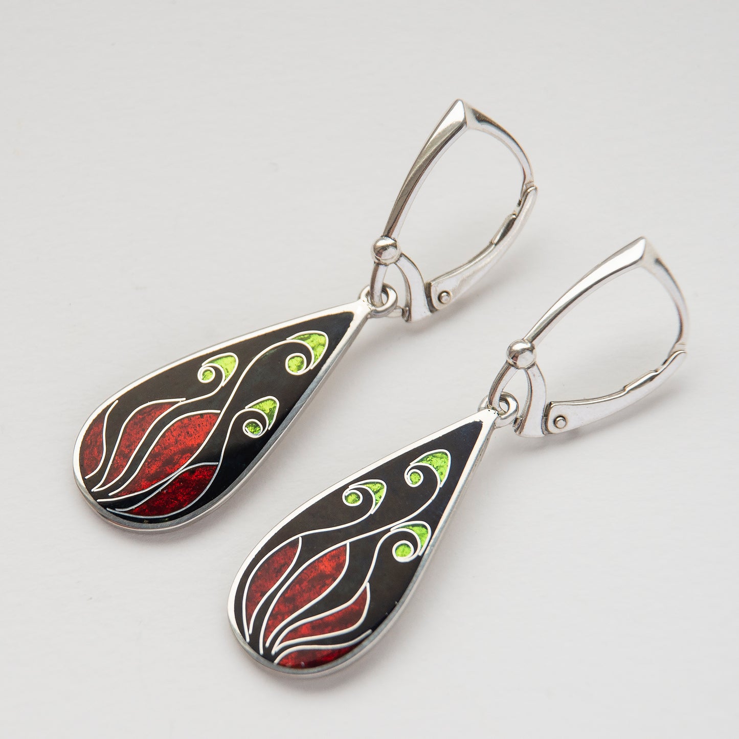 Cloisonné Enamel Black & Red Drop Earrings "Fire Flowers"