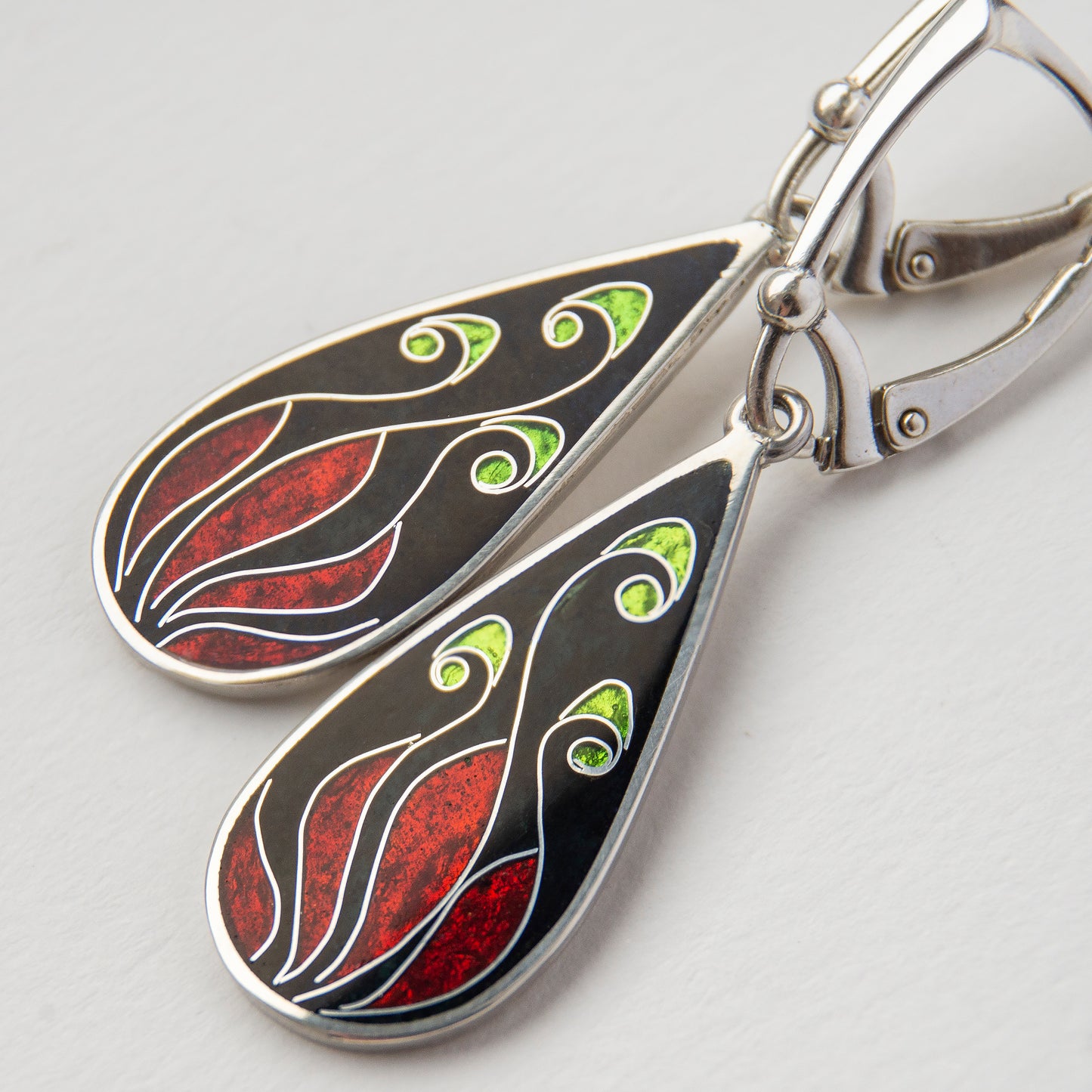 Cloisonné Enamel Black & Red Drop Earrings "Fire Flowers"