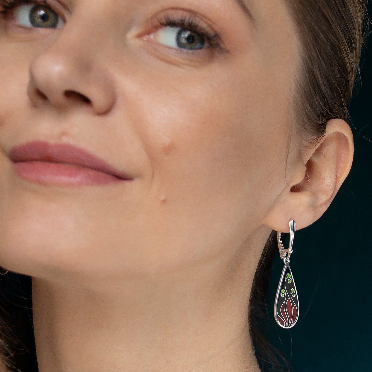 Cloisonné Enamel Black & Red Drop Earrings "Fire Flowers"