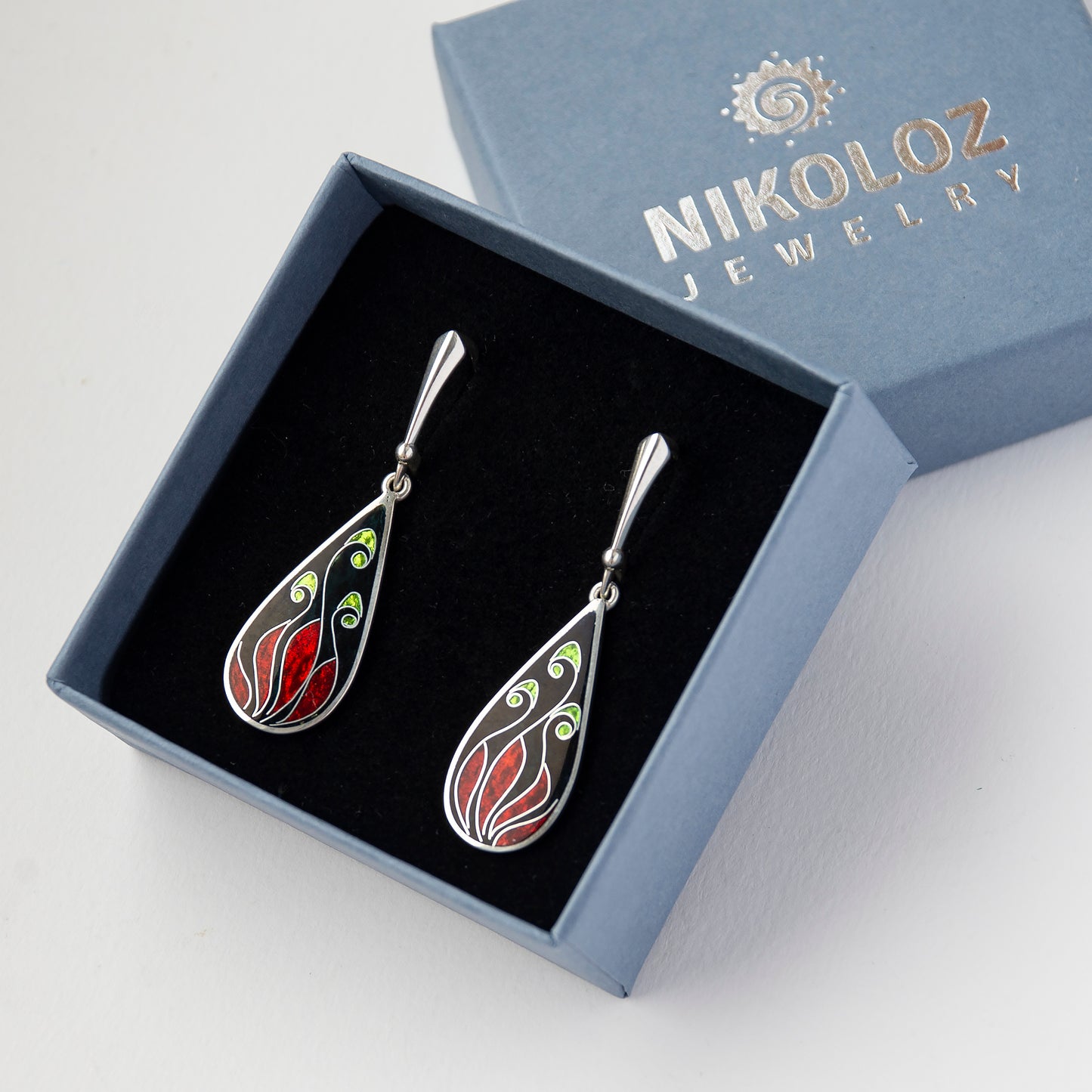 Cloisonné Enamel Black & Red Drop Earrings "Fire Flowers"