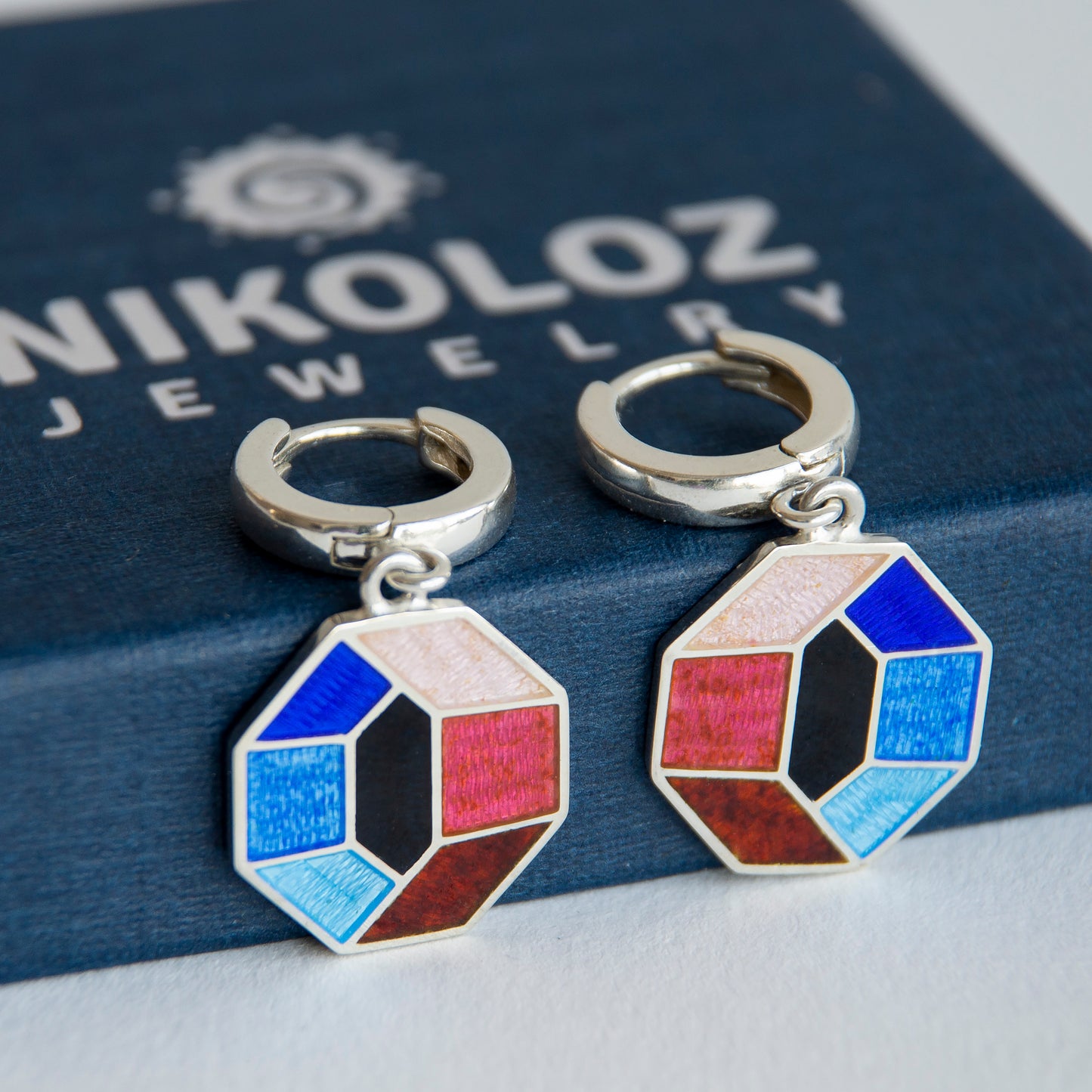 Multicolor Octagon Cloisonné Enamel, Silver Earrings