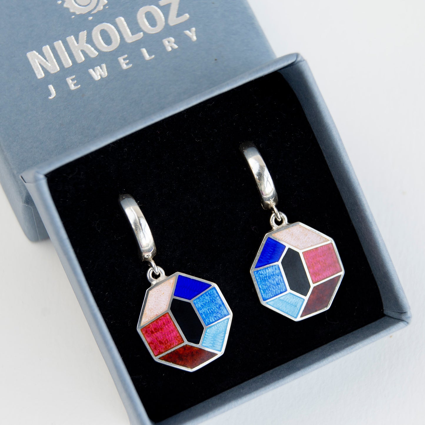 Multicolor Octagon Cloisonné Enamel, Silver Earrings