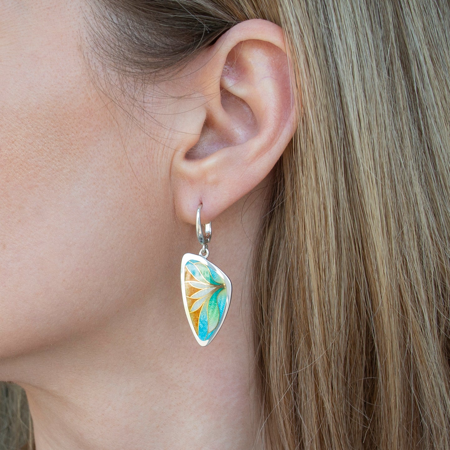 Turquoise Orange Cloisonné Enamel Earrings With Gold Pattern