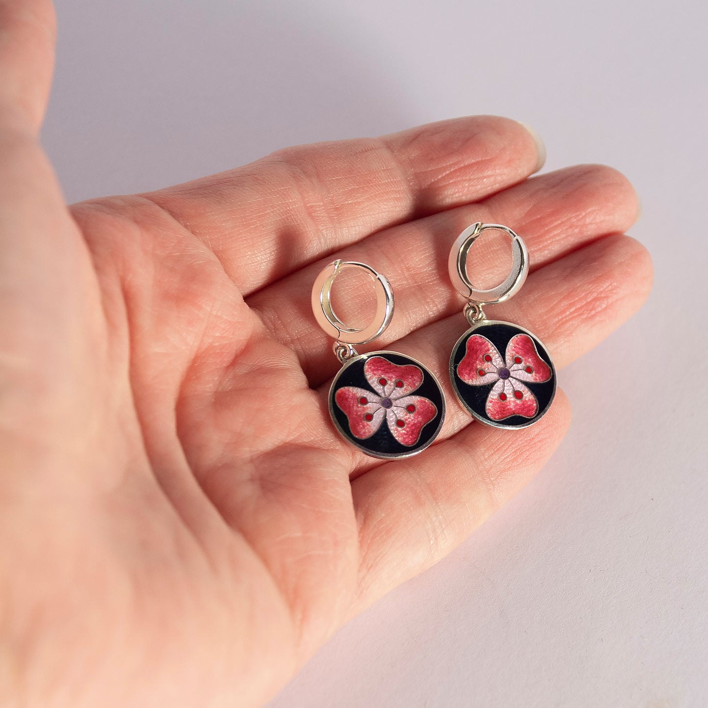 Red Hibiscus Cloisonné Enamel Earrings