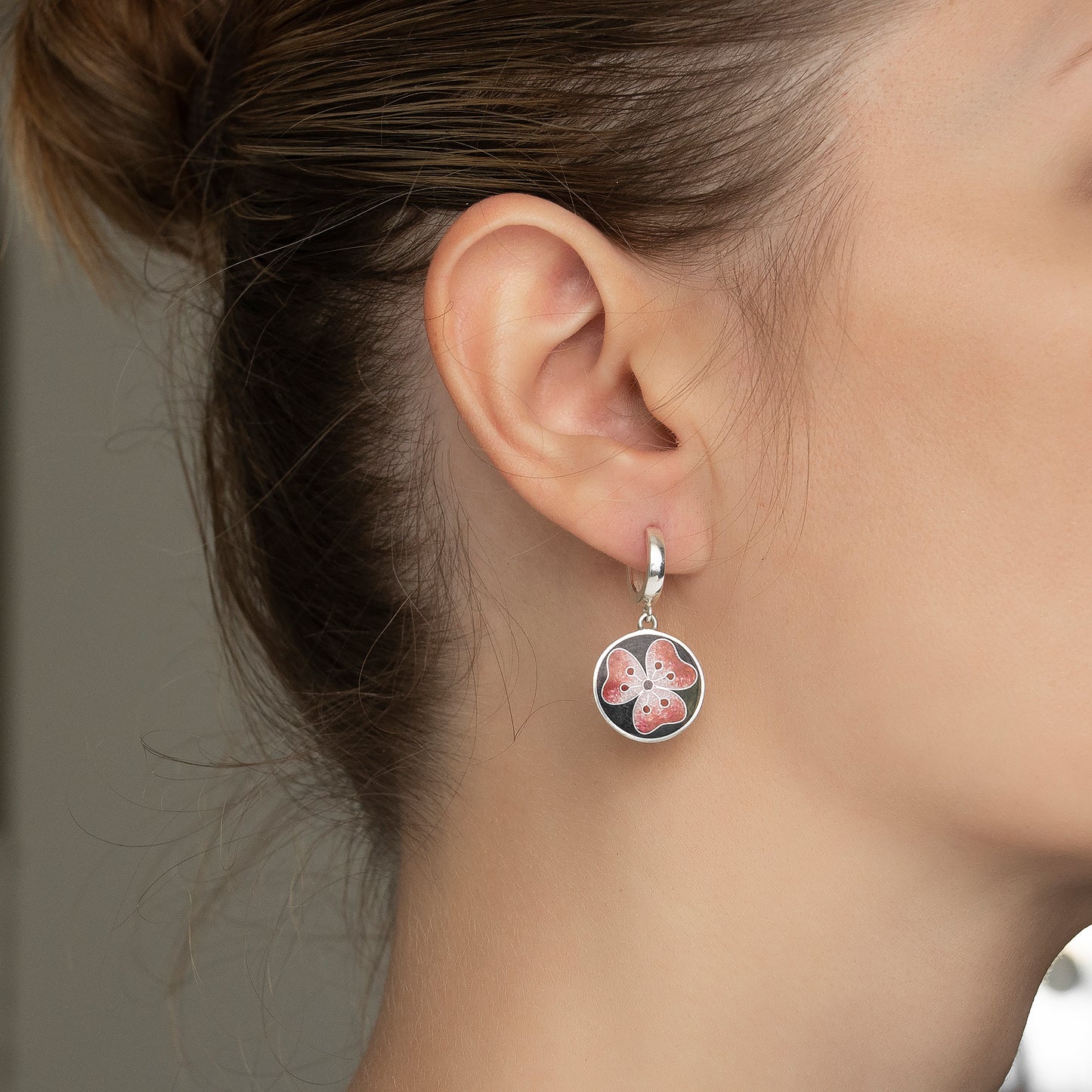 Red Hibiscus Cloisonné Enamel Earrings