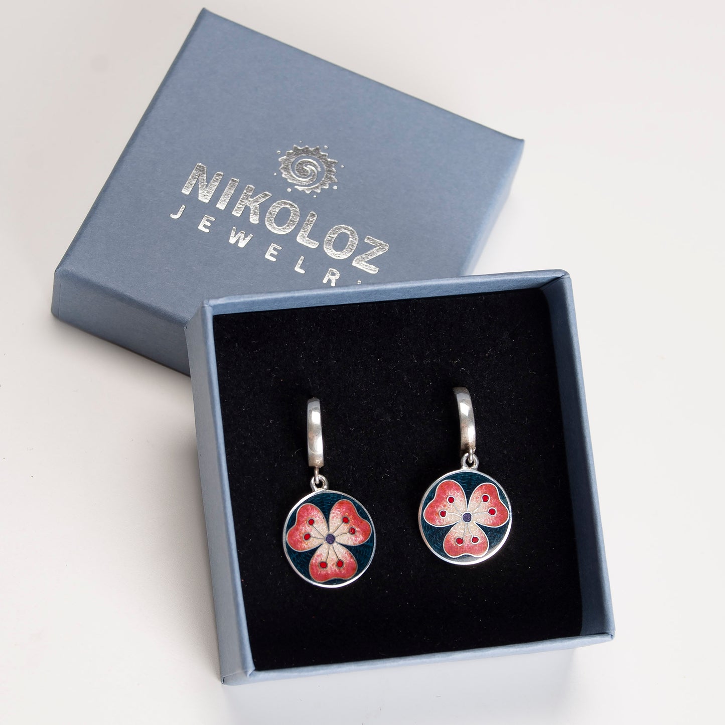 Red Hibiscus Cloisonné Enamel Earrings