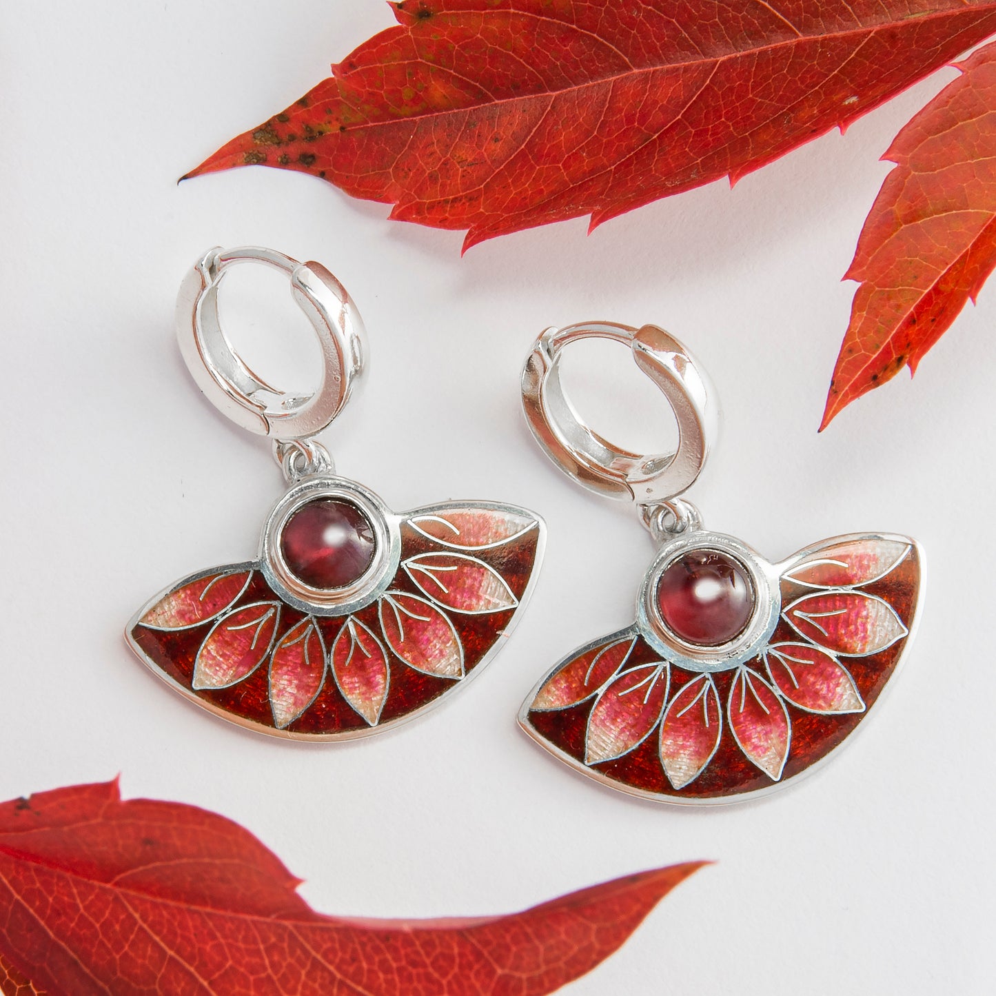 Red Leaves Cloisonné Enamel Earrings With Garnet Stones