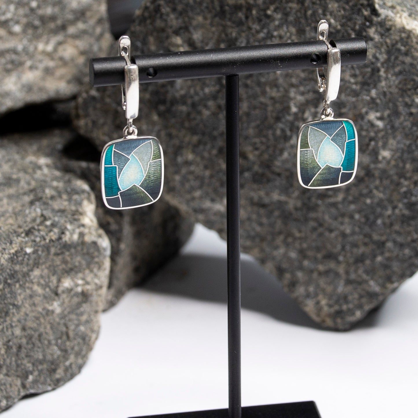 Cloisonné Enamel, Sterling Silver Earrings "Rock Cave"