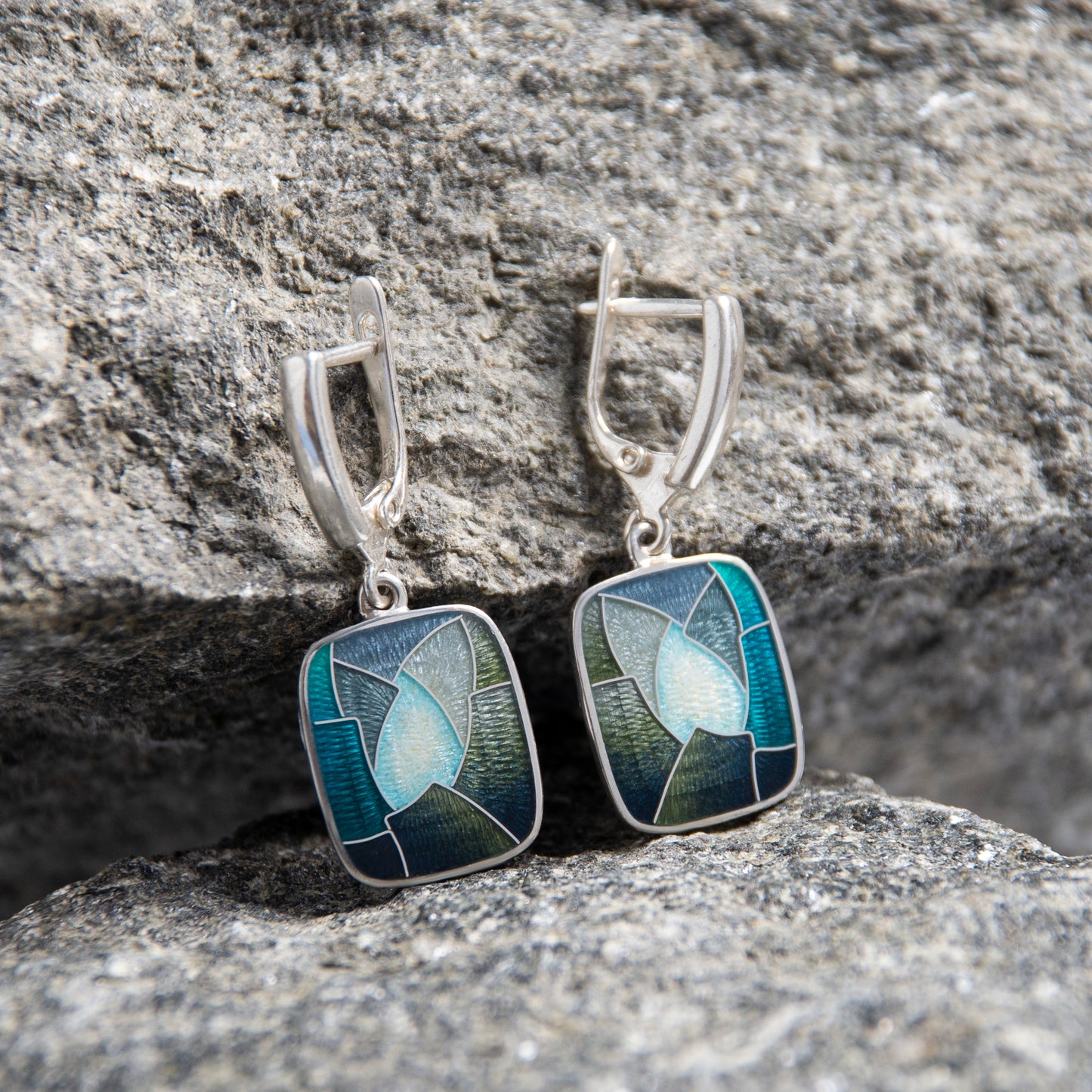 Cloisonné Enamel, Sterling Silver Earrings "Rock Cave"