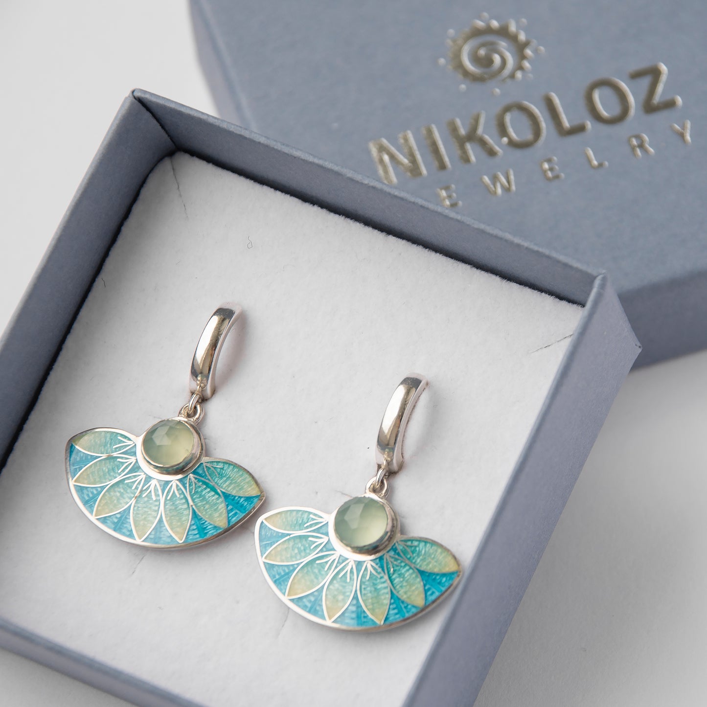 Aqua Chalcedony, Cloisonné Enamel, Turquoise Earrings.